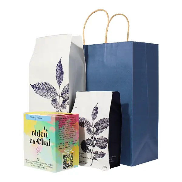 Grandes sacolas de presente de papel kraft contendo sacolas e caixas de café para varejo e presentes