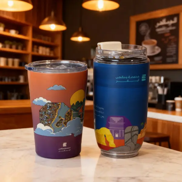 Copo de vácuo personalizado com tampa transparente e design impresso para marcas de café