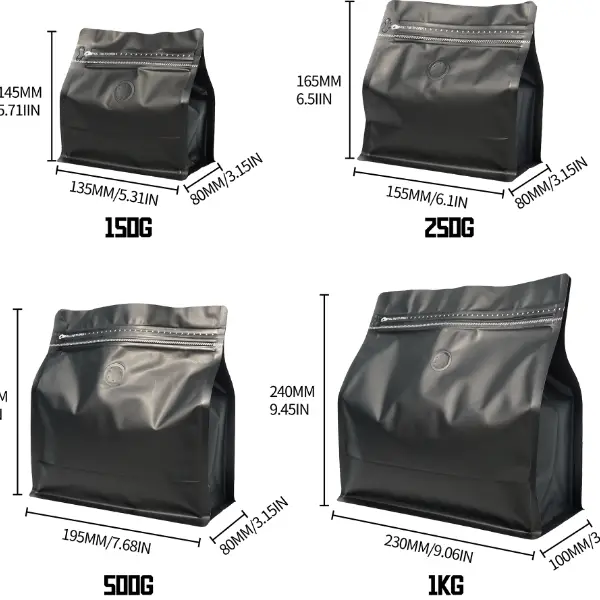 Tabela horizontal de sacos de café de estoque de 150g a 1kg