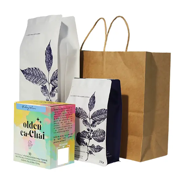 Vista interna das sacolas de presente de papel kraft XL mostrando grande capacidade interna para produtos de café