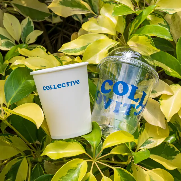 Copo de gelo transparente PET com impressão personalizada exibido em ambiente externo de jardim