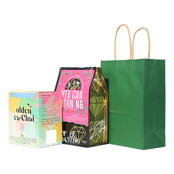 Estoque pequenas sacolas de presente com alça usada para embalagens de café e comida