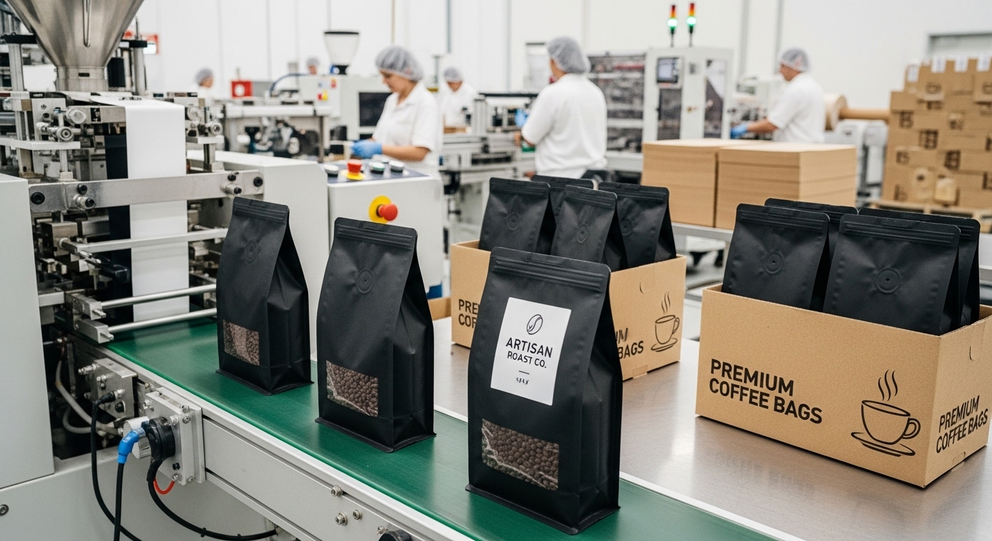 Fabricante de sacos de café de fundo plano