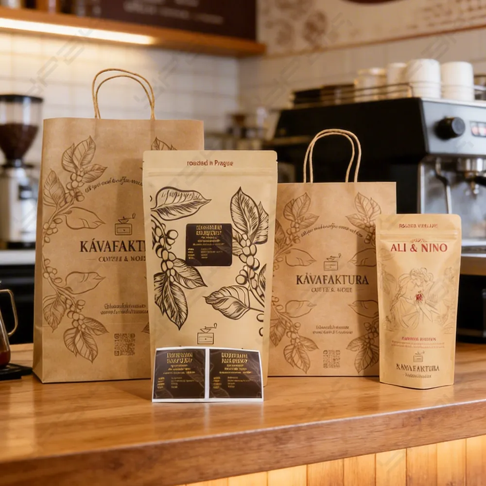 Conjunto de embalagem de café em papel kraft