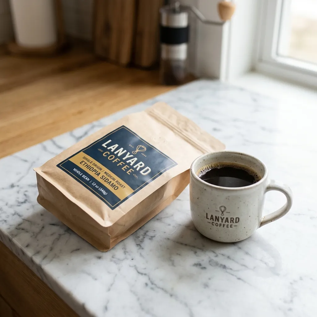 um Lanyard_Coffee_bag com ceramic_mug
