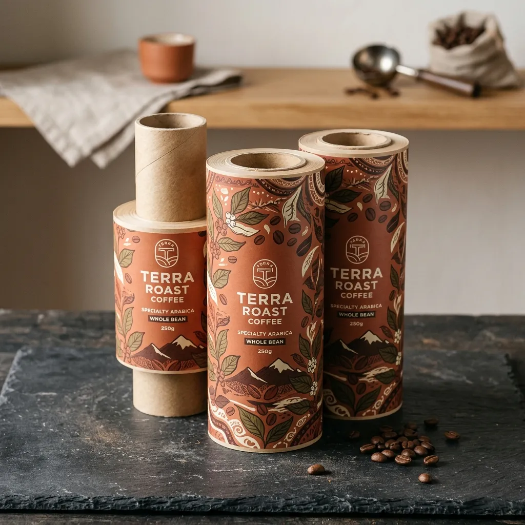 Printed_packaging_film_rolls_stack marrom sobre mármore