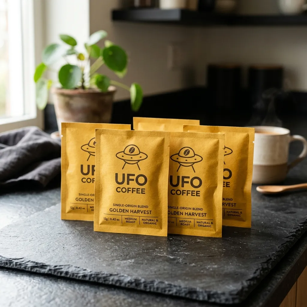 UFO_coffee_sachet_papers_on mármore