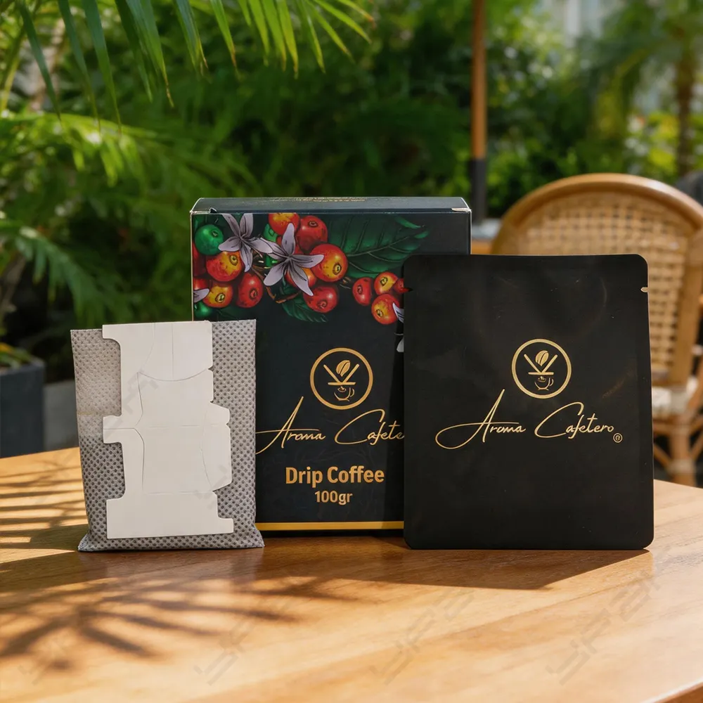 Embalagem de café com sachês e caixa de varejo