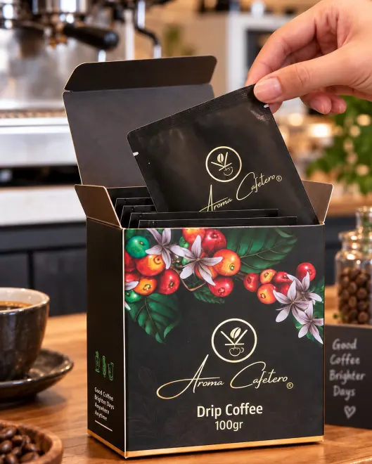 Caixa de sachê de café contendo pacotes de café com gotejamento embalados individualmente