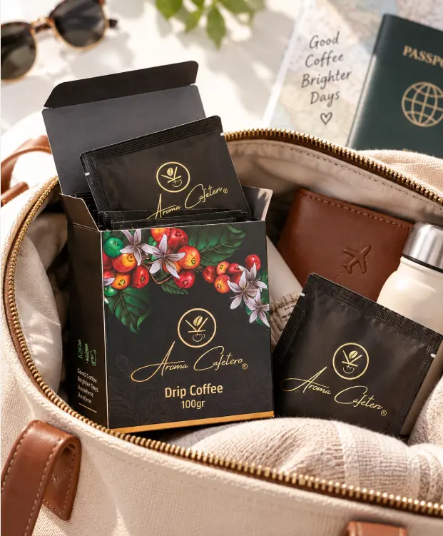 5 Embale a Caixa de Café com sachês de café com filtro embalados individualmente em uma bolsa de viagem
