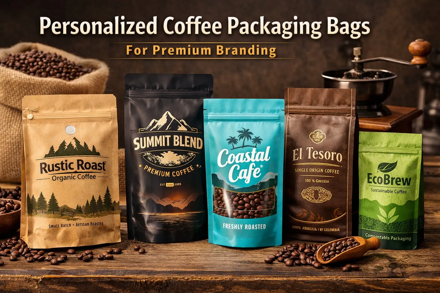 Sacolas personalizadas para embalagem de café para branding premium